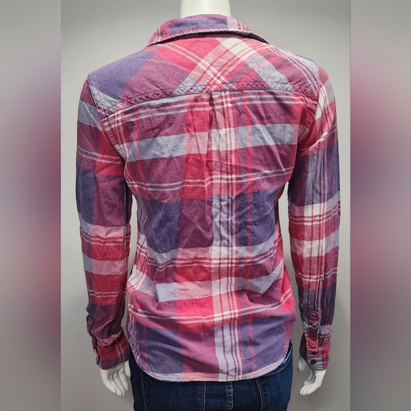 American Eagle Womens Favorite Fit Pink Purple Flannel Plaid Button Up Small S - Picture 5 of 12